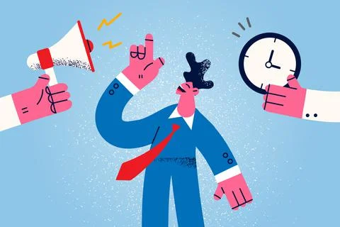 Smiling businessman with clock and megaphone meet deadline Stock Illustration