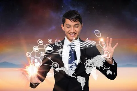 Smiling businessman touching earth interface Stock Illustration