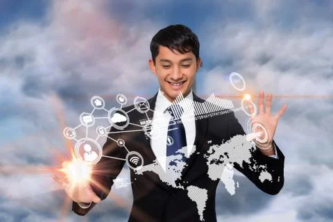 Smiling businessman touching earth interface Stock Illustration