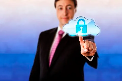 Smiling Businessman Touching A Locked Cloud Icon Stock Illustration