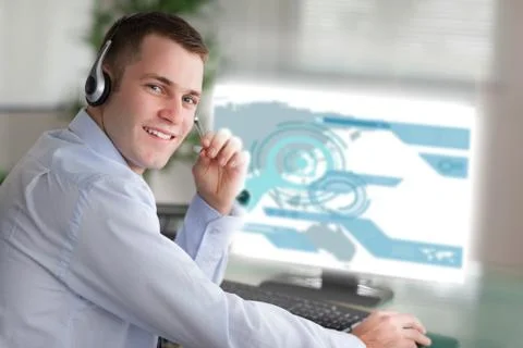 Smiling businessman using futuristic interface hologram Stock Photos