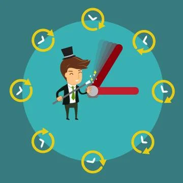 Smiling businessman using magic wand to control  clock's hands 스톡 일러스트
