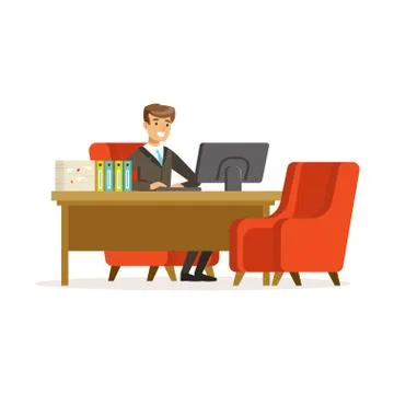 Smiling businessman working with a computer at his desktop in office vector Stock Illustration