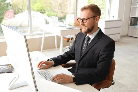 Smiling businessman working at computer in modern office 스톡 사진