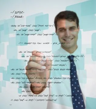 Smiling businessman writing sql language Stock Photos