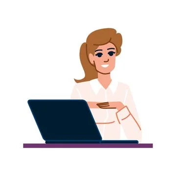 Smiling businesswoman gesturing while using laptop at desk Stock Illustration