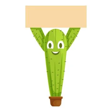 Smiling cactus character holding empty sign board Stock Illustration