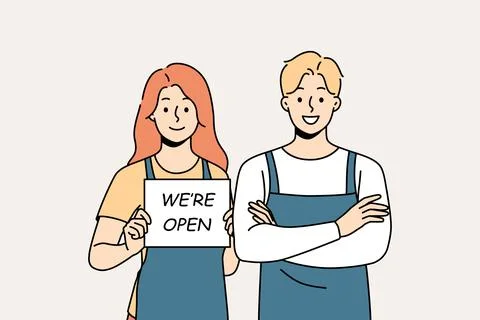 Smiling cafe staff notify about opening Stock Illustration
