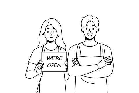 Smiling cafe staff notify about opening Stock Illustration