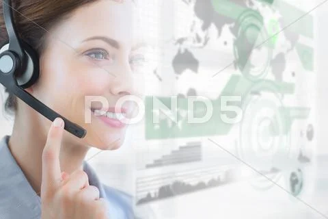 Smiling call center employee looking at futuristic interface hologram Stock Illustration