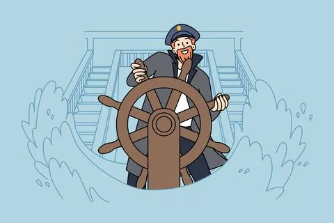 Smiling captain at ship during storm Illustrazione stock