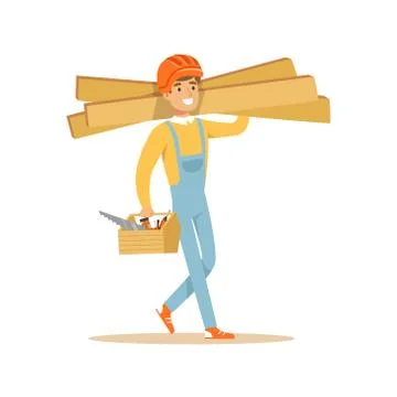 Smiling carpenter carrying box of tools and wooden planks, professional wood Stock Illustration