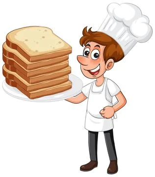Smiling Cartoon Baker Holding a Large Stack of Sliced Bread Stock Illustration