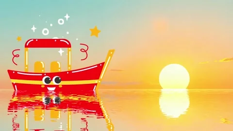 Smiling Cartoon Boat Floating on Calm Sunset Ocean Horizon Stock Footage 302242587
