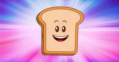 Smiling cartoon bread slice with face glowing against radial gradient backdro Illustrazione stock