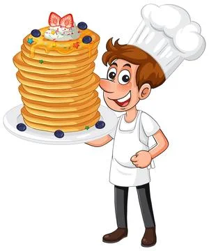 Smiling Cartoon Chef Holding a Large Stack of Decorated Pancakes 스톡 일러스트