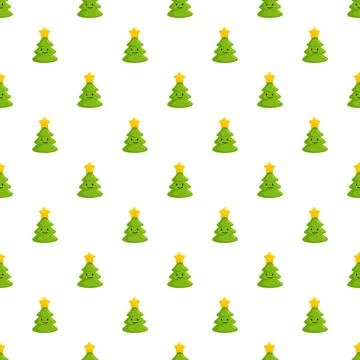 Smiling cartoon christmas tree pattern on white background Stock Illustration
