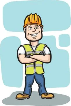 Smiling cartoon construction worker with arms crossed Stock Illustration
