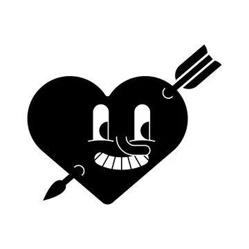 Smiling cartoon face inside a black heart pierced by an arrow. Quirky symbo.. Stock Illustration