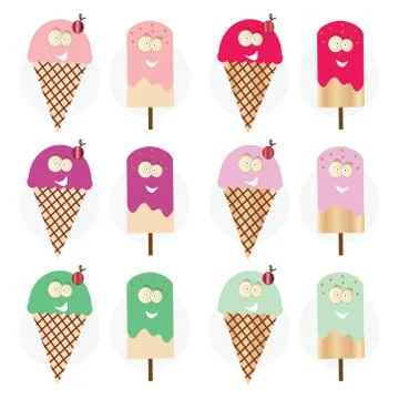 Smiling cartoon ice creams in multiple colors vector set Stock Illustration