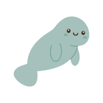 Smiling cartoon manatee. Flat vector aquatic mammal illustration perfect for Stock Illustration