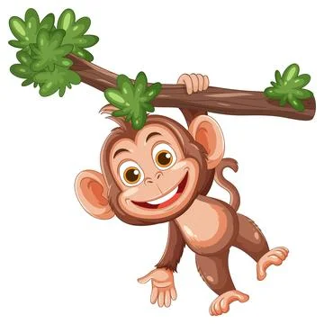 Smiling Cartoon Monkey Hanging From Tree Branch Stock Illustration
