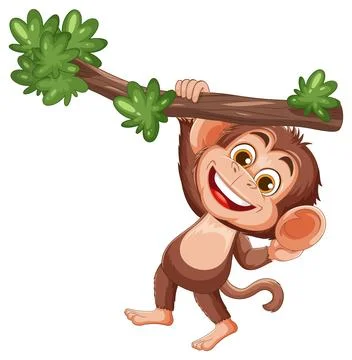 Smiling Cartoon Monkey Hanging From Tree Branch Stock Illustration