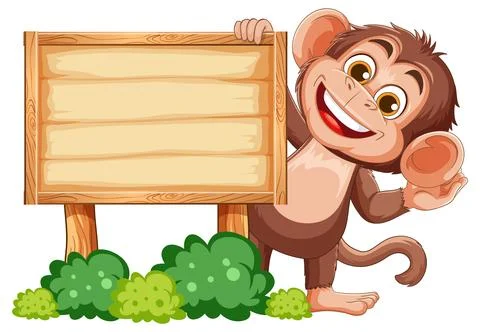 Smiling Cartoon Monkey Holding Blank Wooden Sign Stock Illustration