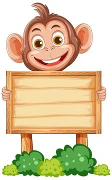 Smiling Cartoon Monkey Holding Blank Wooden Sign Outdoors Stock Illustration