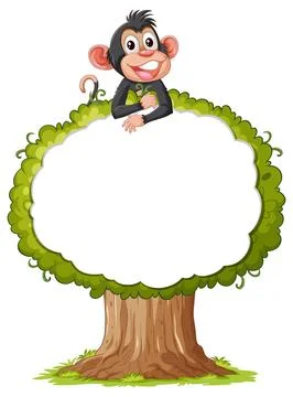 Smiling Cartoon Monkey Holding Blank Tree Sign Stock Illustration