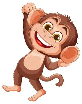 Smiling Cartoon Monkey Raising Arm in Cheerful Pose Stock Illustration