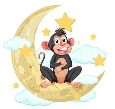 Smiling Cartoon Monkey Sitting on Crescent Moon with Stars Stock Illustration