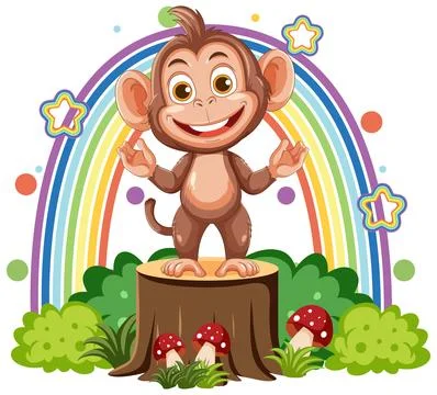 Smiling Cartoon Monkey on Tree Stump with Rainbow Background Illustrazione stock