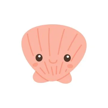 Smiling cartoon pink seashell. Flat vector cute marine object illustration for Stock Illustration