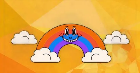 Smiling cartoon rainbow arching over yellow orange polygon backdrop, with flu Stock Illustration