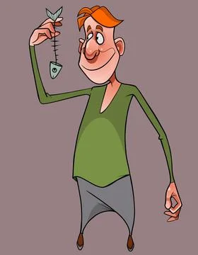 Smiling cartoon red haired man looking at fish skeleton in hand Stock Illustration