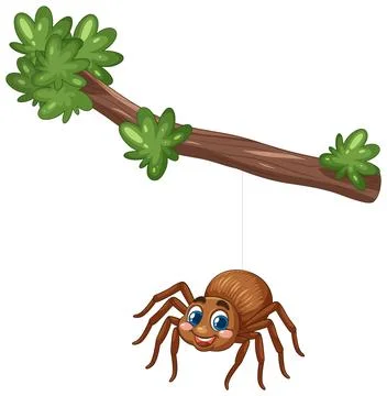 Smiling Cartoon Spider Hanging from Tree Branch Stock Illustration
