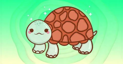 Smiling cartoon turtle standing in digital green gradient backdrop, with ring Stock Illustration