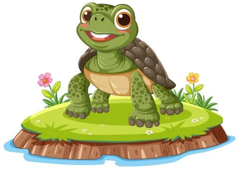 Smiling Cartoon Turtle Standing on Grassy Island Stock Illustration
