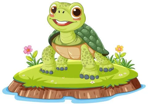 Smiling Cartoon Turtle Standing on Grassy Island イラスト素材