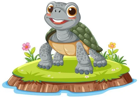 Smiling Cartoon Turtle Standing on Grassy Island Stock Illustration