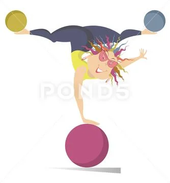 Smiling cartoon young woman do exercises with the ball vector illustration Stock Illustration