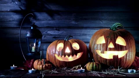 Smiling Carved Halloween Pumpkin Loop Video Stock Footage 284669394