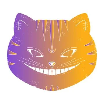 Smiling cat, Cheshire cat, muzzle. Gradient, graphics, linocut, texture. Vect Stock Illustration