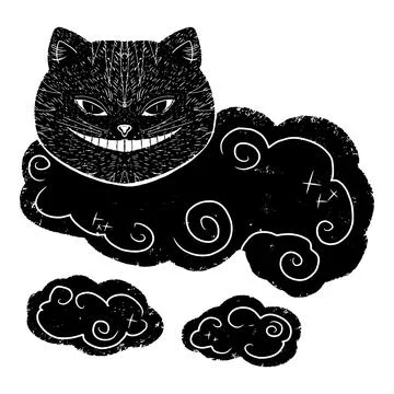 Smiling cat in the clouds, Cheshire cat face. Graphic arts. Vector texture el Stock Illustration