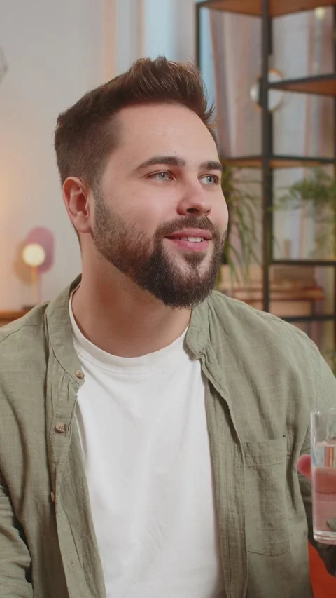 Smiling Caucasian man sitting on sofa leading healthy lifestyle, drinking a Stock Footage 323347693