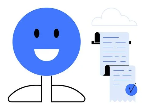 Smiling Character with Completed Checklists and Documents Next to a Cloud Stockillustratie