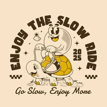 Smiling character riding turtle with positive slow life message Stock Illustration