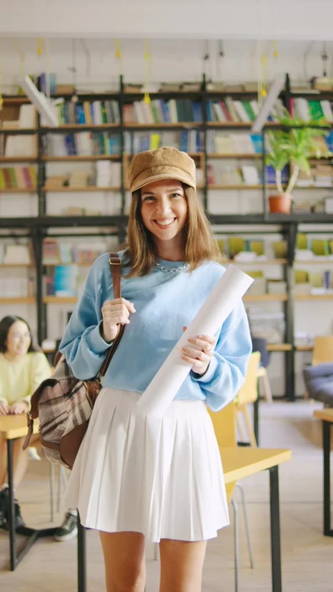 A smiling cheerleader student with a backpack and poster board poses outdoors in Stock Footage 294713939