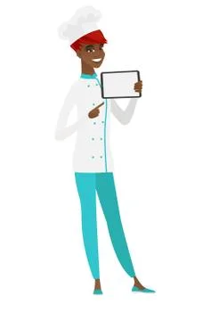 Smiling chef cook holding tablet computer Stock Illustration